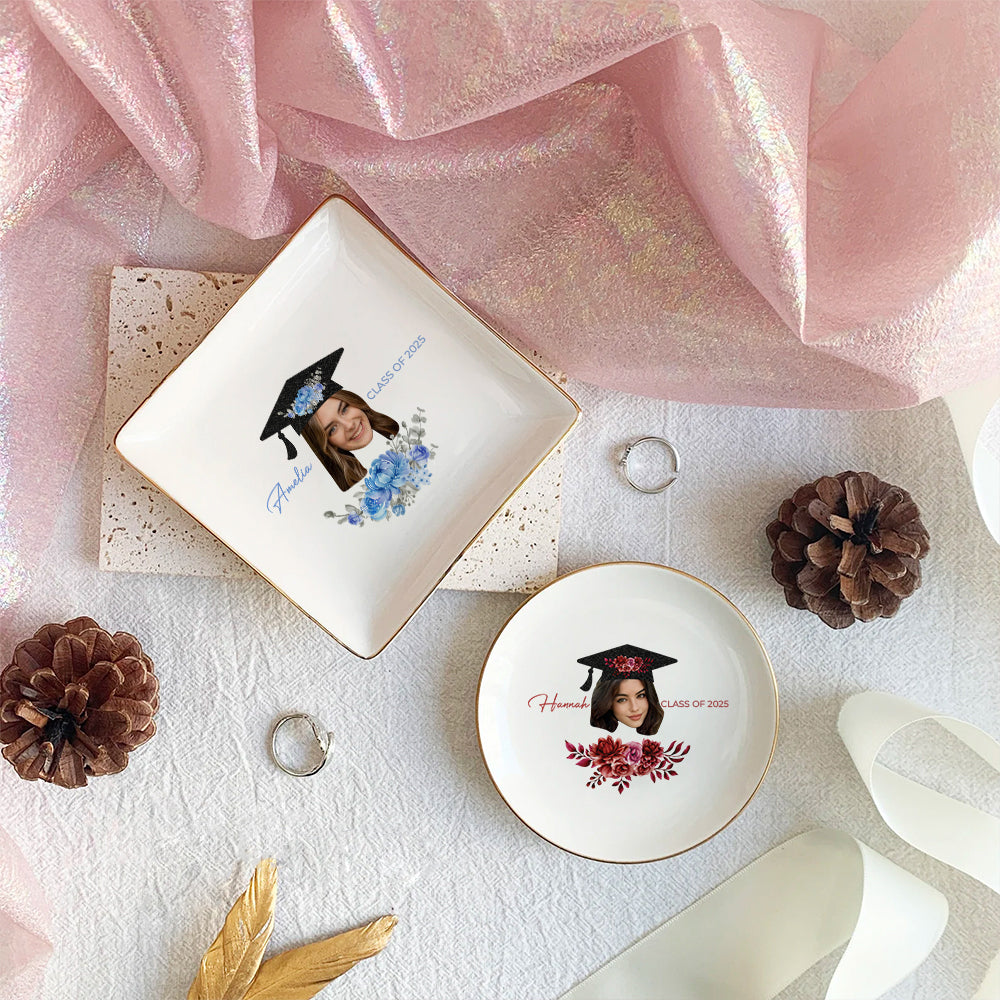 Custom Grad Photo Floral Graduation Round Jewelry Ring Dish, Jewelry Tray, Graduation Gift For Her