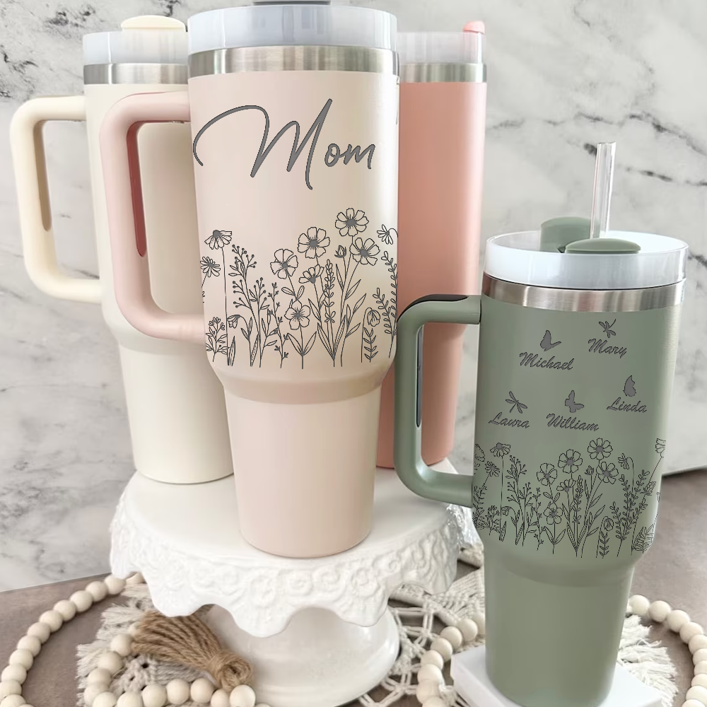 Personalized Insulated Engraved 40oz Tumbler - Mother's Day Gift - Floral Butterflies Mom And Kids YC