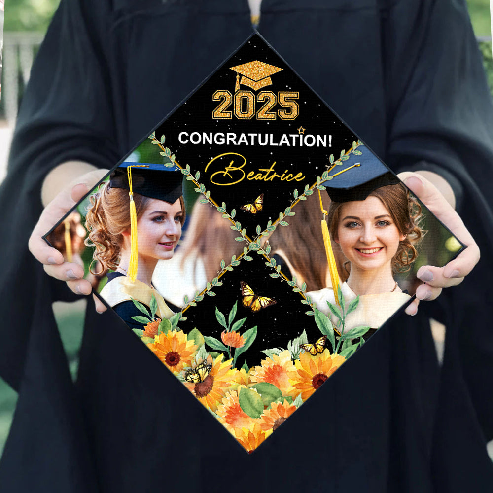 Personalized 2 Photos Floral Class Of 2025 Photo Graduation Cap Topper, Graduation Keepsake Gift FC