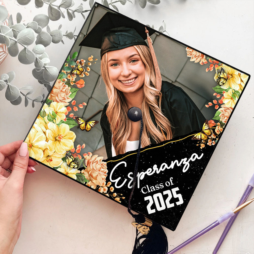 Personalized Multicolor Floral Class Of 2025 Photo Graduation Cap Topper, Graduation Keepsake FC