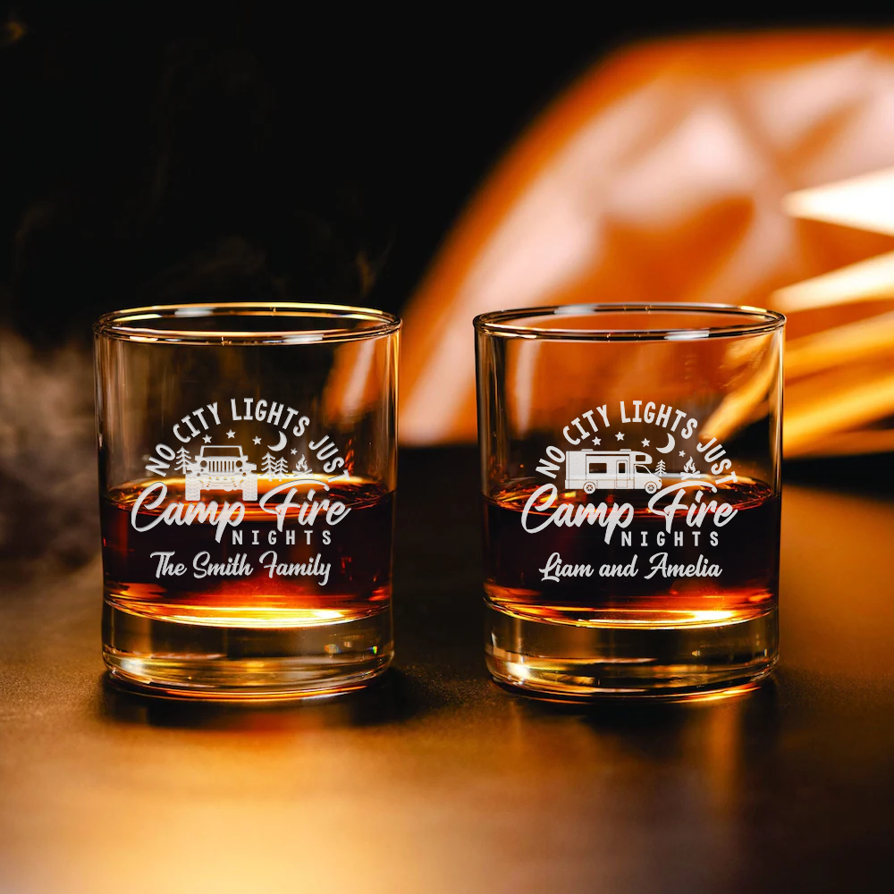 Personalized RV No City Lights, Just Campfire Nights Whiskey Glasses - Gifts For Camping Lovers Kola