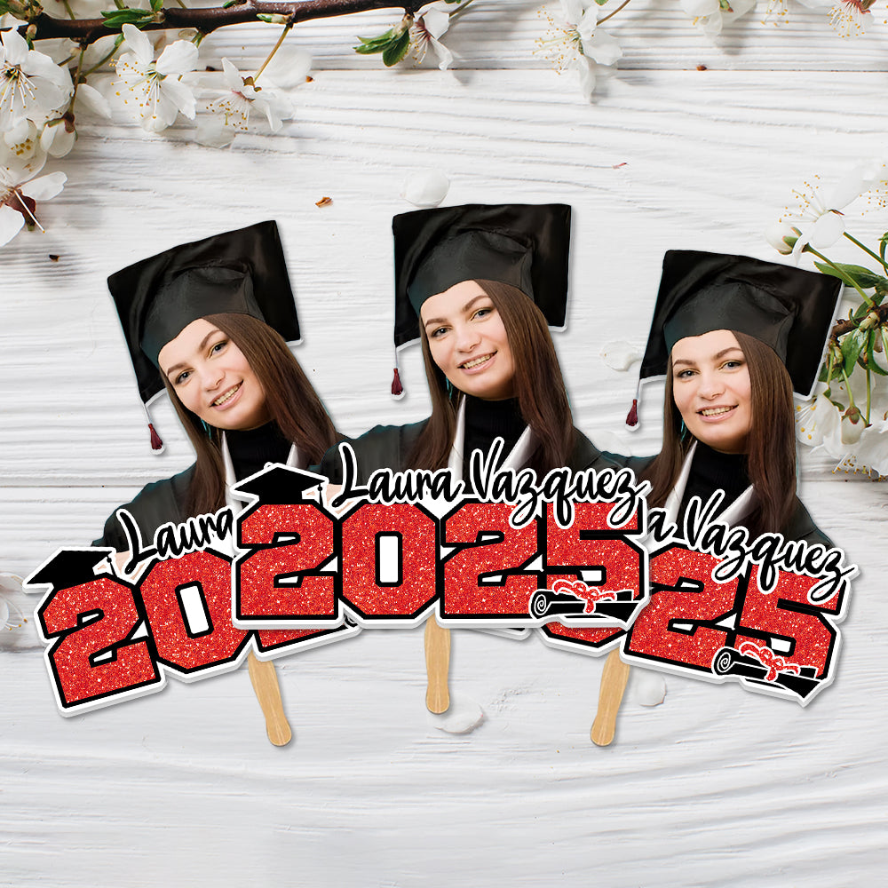 Custom Glitter 2025 Photo Graduation Face Fans With Wooden Handle, Gift For Graduation Party