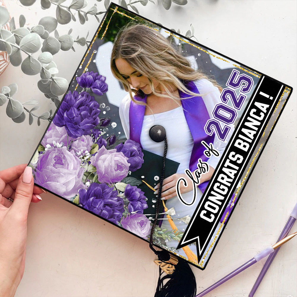 Personalized Proud Photo Floral Class Of 2025 Graduation Cap Topper, Graduation Keepsake Gift FC