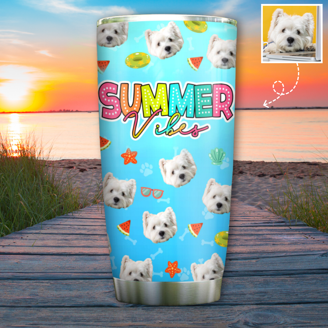 Summer Vibe Dog Mom Face Photo Tumbler, Best Gift for Pet Lovers FC