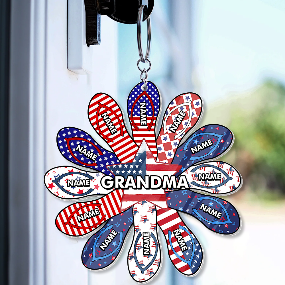 Personalized Grandma Nana Grandkids Patriotic Flip Flop Acrylic Keychain, 4th Of July Gift JonxiFon