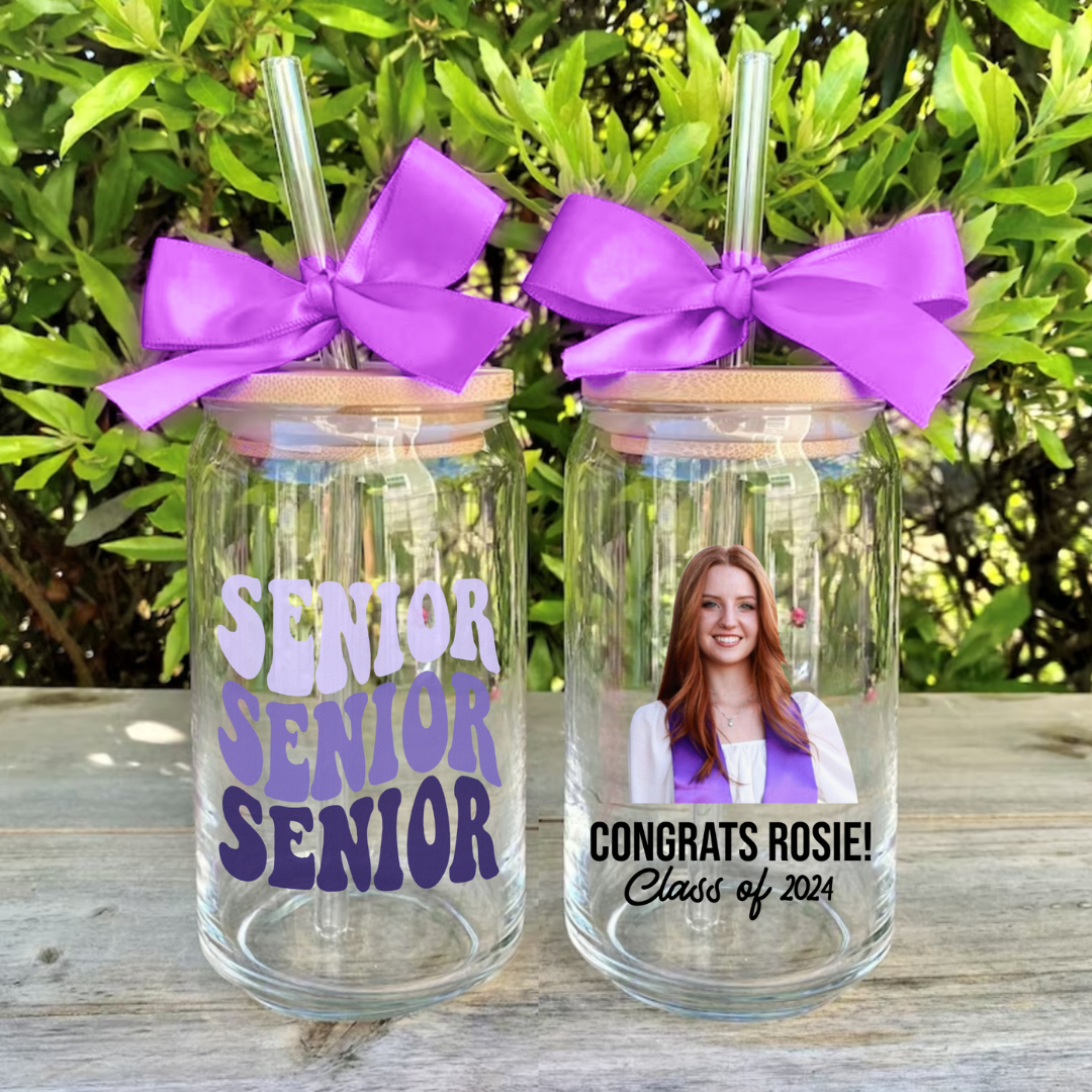 Custom Photo Glass Bottle/Frosted Bottle With Lid & Straw - Graduation Gift - Class Of 2024 Senior Retro Gift FC
