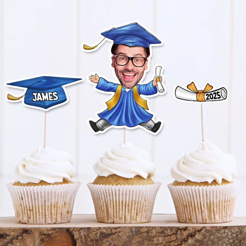 Custom Set Of 3 Designs Face Cupcake Toppers, Graduation Party Decorations FC