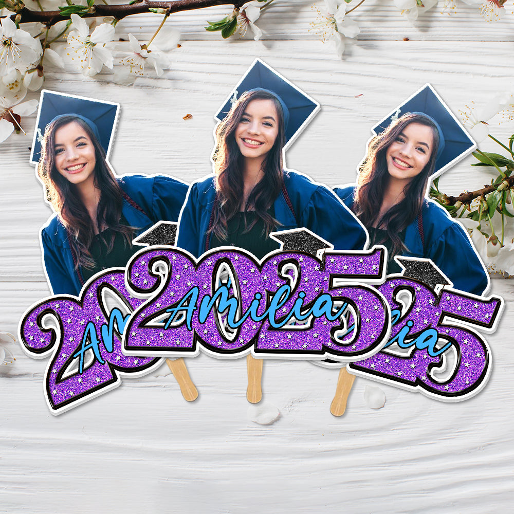 Personalized Face Fans With Wooden Handle - Graduation Keepsake Gift - Colorful Glitter Senior Photo Class Of 2025 FC