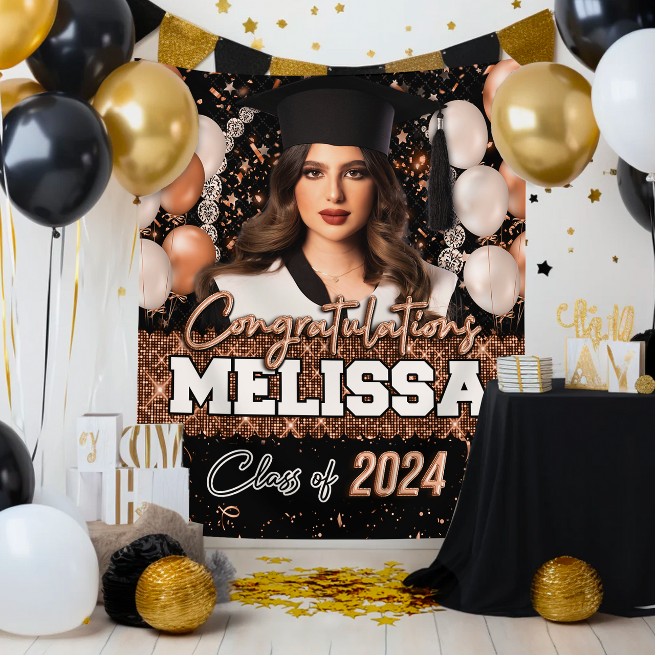 Custom Glitter Balloon Congrats Class Of 2025 Graduation Backdrop, Graduation Party Decorations FC