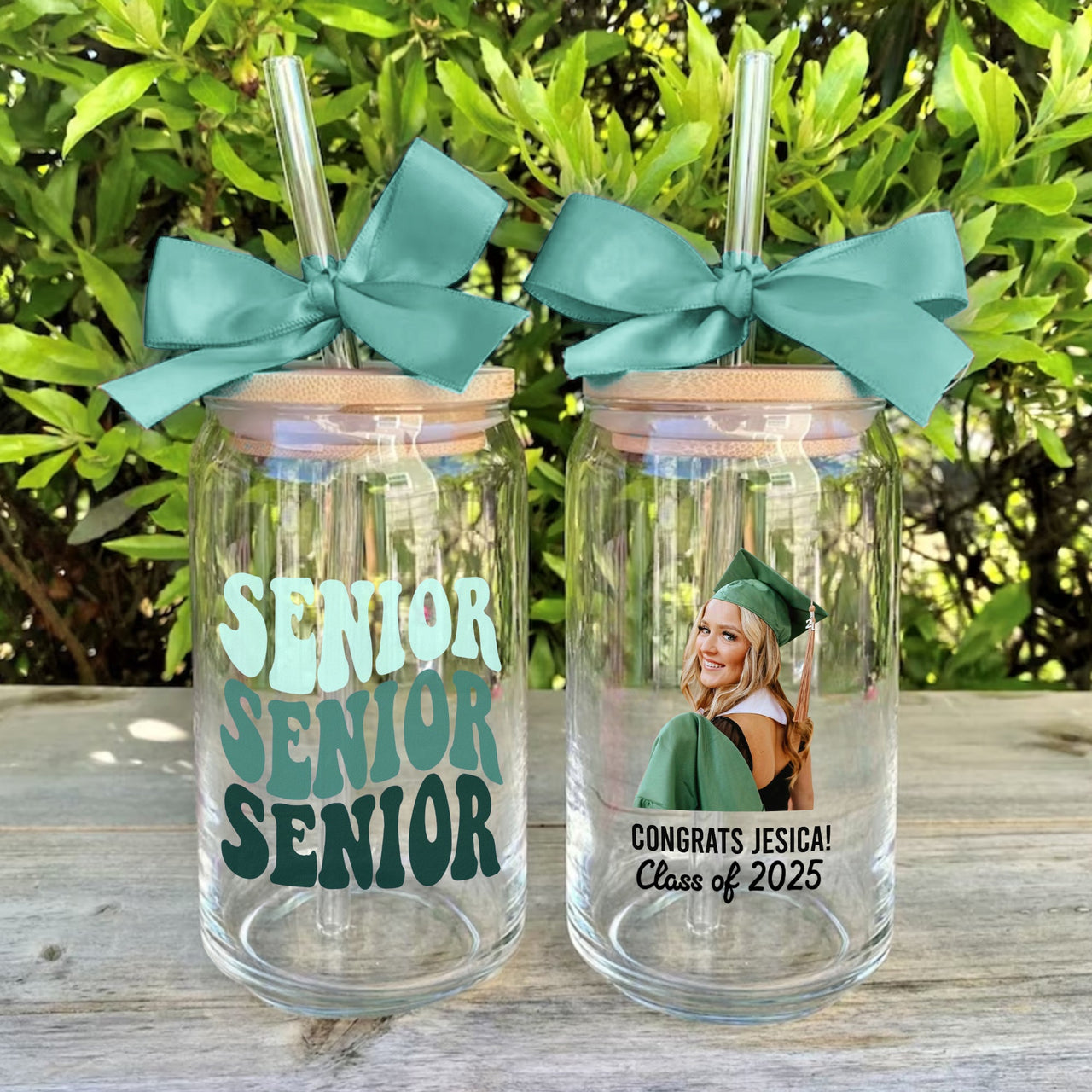 Custom Photo Glass Bottle/Frosted Bottle With Lid & Straw - Graduation Gift - Class Of 2025 Senior Retro Gift FC