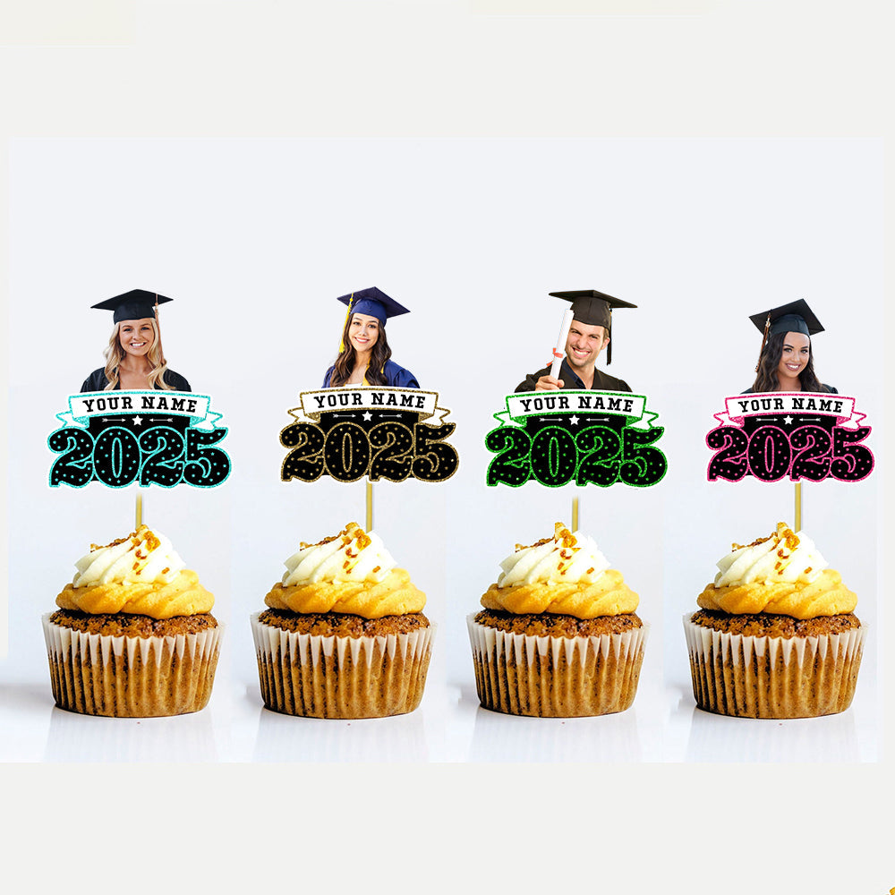 Custom Face With Name 2025 Photo Graduation Cupcake Toppers, Graduation Party Decorations FC