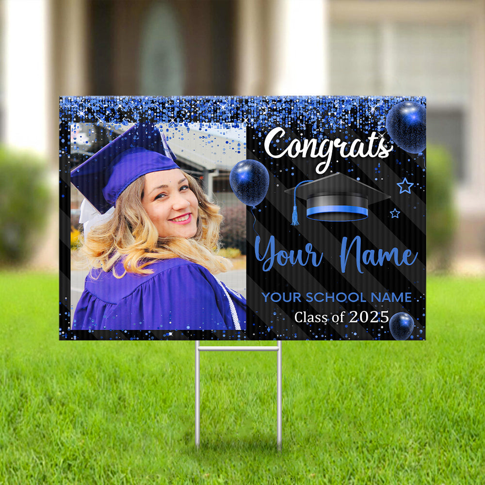 Custom Photo Congratulations Black & Gold Graduation Lawn Sign, Graduation Decorations FC