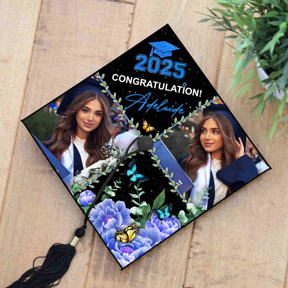 Personalized 2 Photos Floral Class Of 2025 Photo Graduation Cap Topper, Graduation Keepsake Gift FC