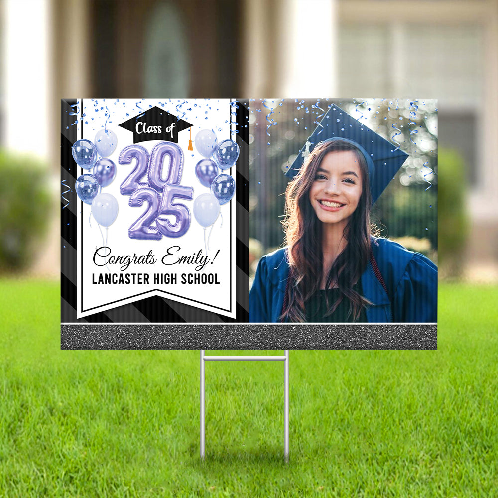 Personalized Yard Sign With Stake - Graduation Gift - Glitter Balloon Senior Party Decor