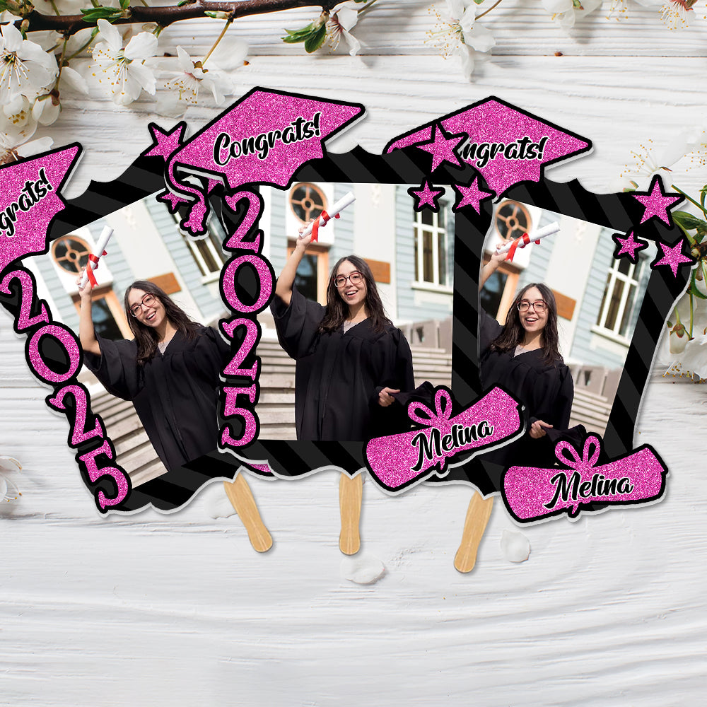 Custom Congrats 2025 With Name Photo Graduation Face Fans With Wooden Handle, Gift For Graduation Party