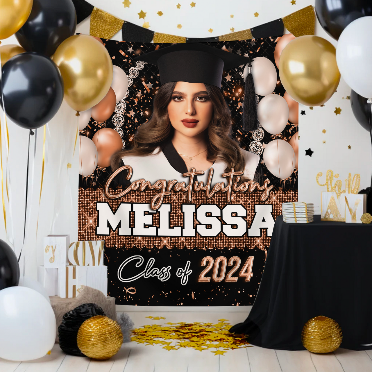 Custom Glitter Balloon Congrats Class Of 2024 Graduation Backdrop, Graduation Party Decorations FC