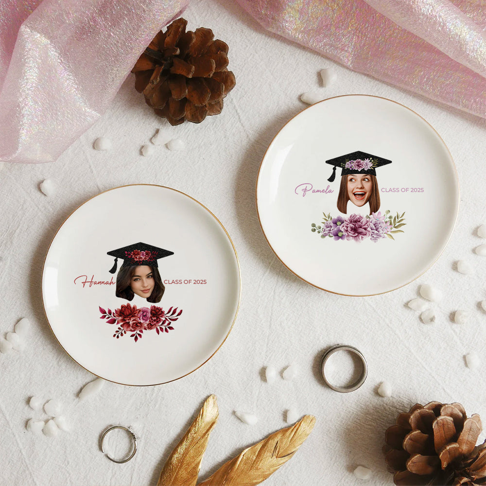 Custom Grad Photo Floral Graduation Round Jewelry Ring Dish, Jewelry Tray, Graduation Gift For Her