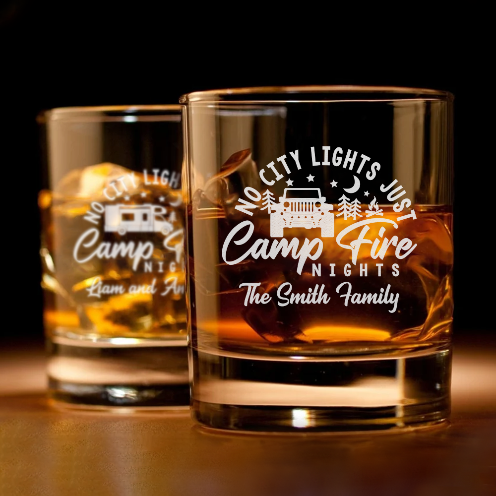 Personalized RV No City Lights, Just Campfire Nights Whiskey Glasses - Gifts For Camping Lovers Kola