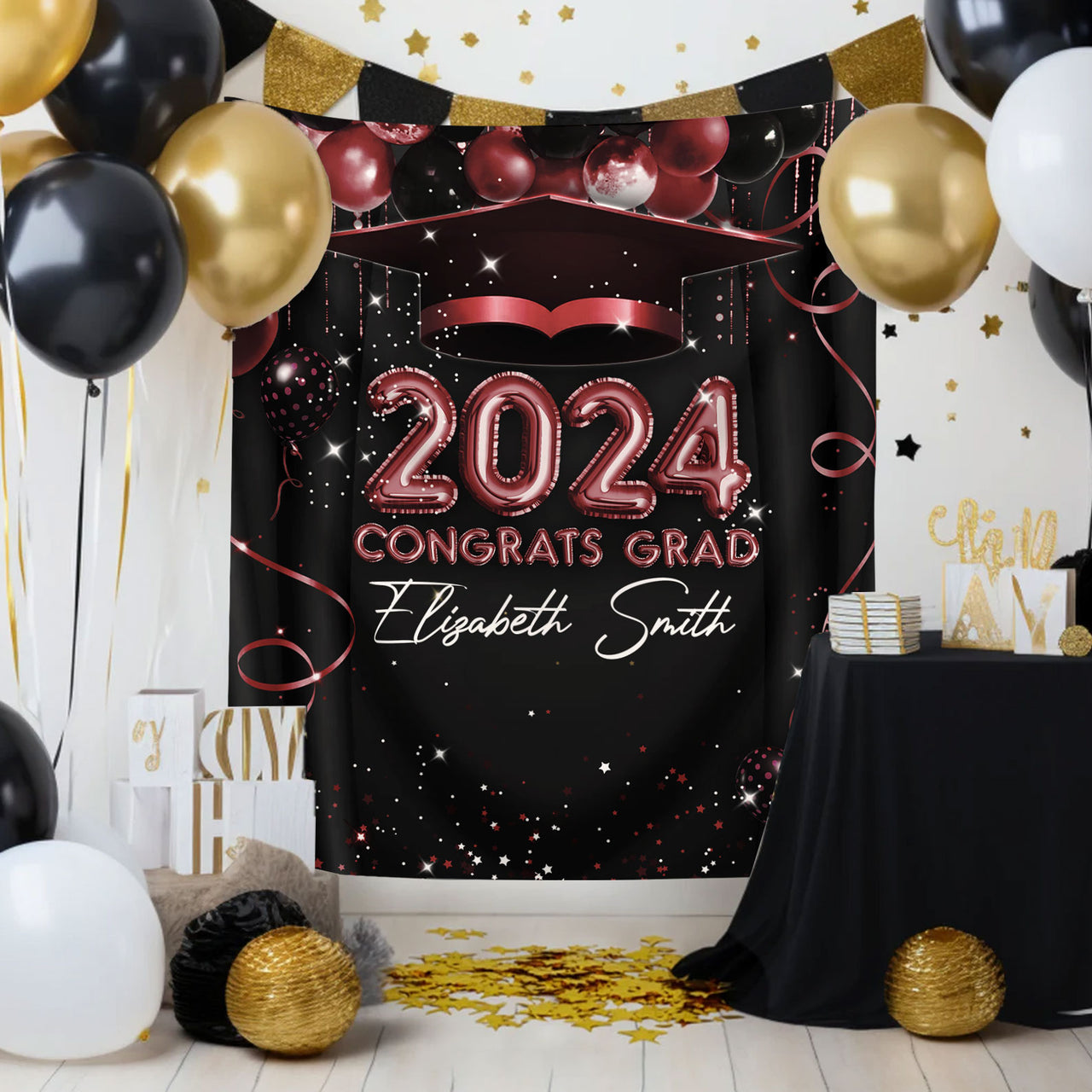 Custom Balloon Style Congrats Class Of 2024 Graduation Backdrop, Graduation Party Decorations FC