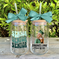 Thumbnail for Custom Photo Glass Bottle/Frosted Bottle With Lid & Straw - Graduation Gift - Class Of 2024 Senior Retro Gift FC
