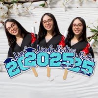 Thumbnail for Custom Glitter 2025 Photo Graduation Face Fans With Wooden Handle, Gift For Graduation Party