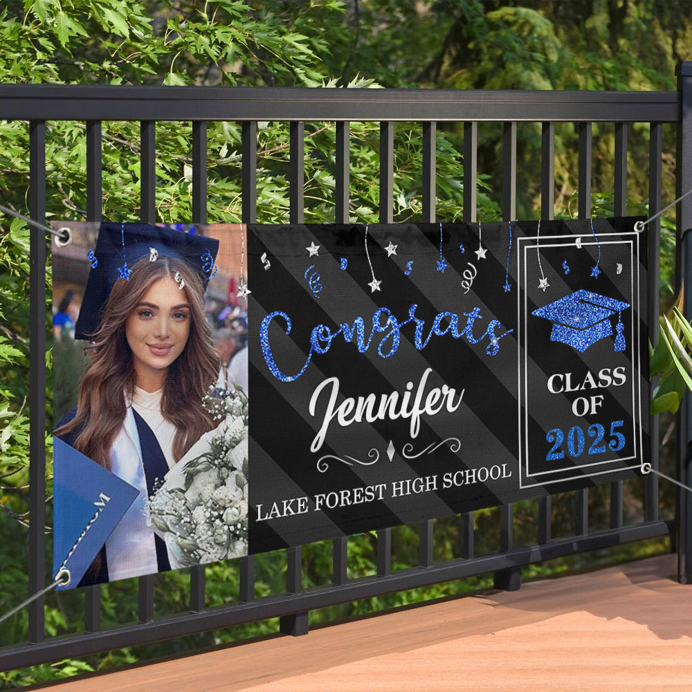 Custom Graduation 2024 Banner with Glitter Photo - Graduation Gift FC