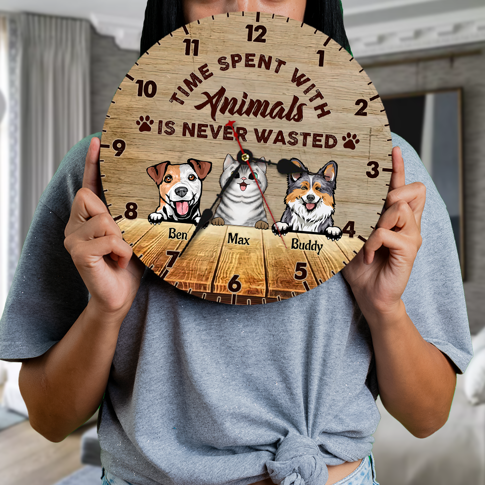 Custom Time Spent With Animals Wall Wooden Clock, Gift For Pet Lover FC