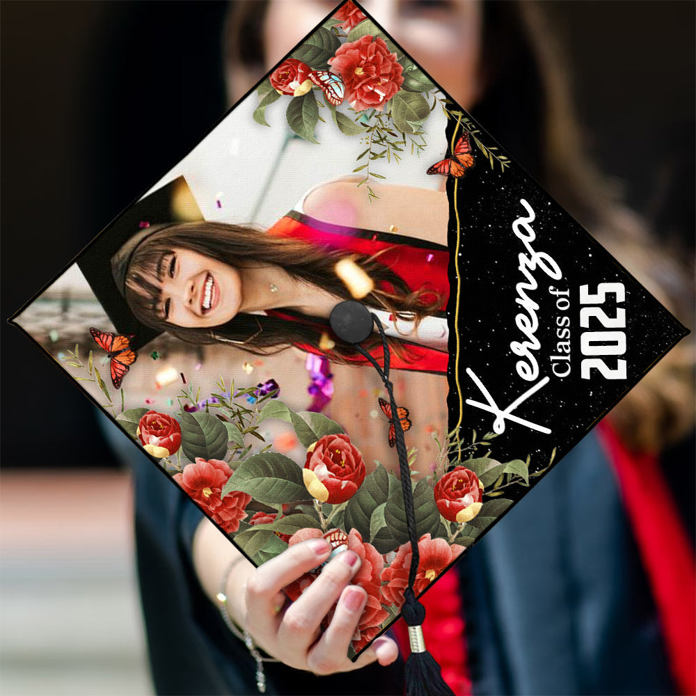 Personalized Multicolor Floral Class Of 2025 Photo Graduation Cap Topper, Graduation Keepsake FC