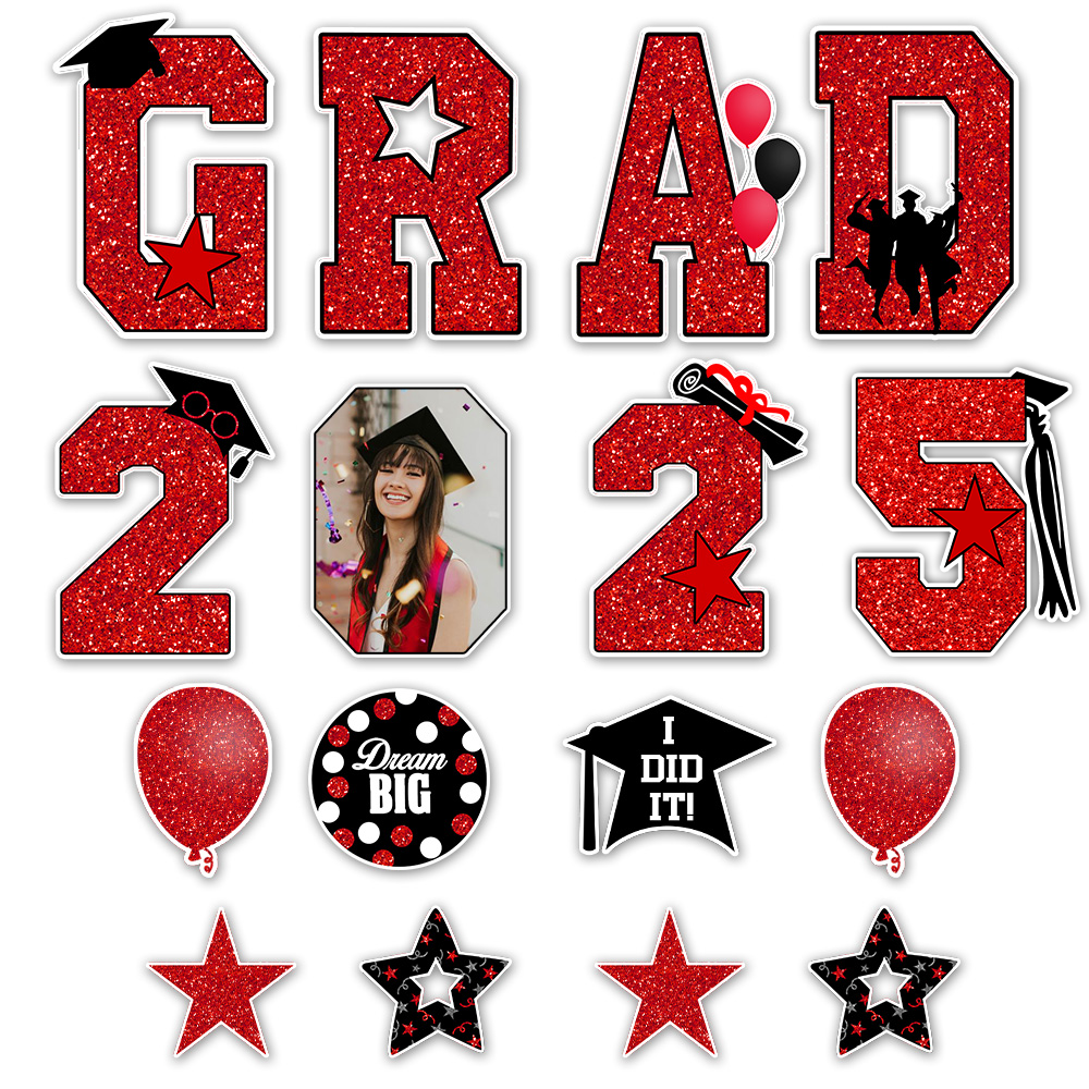 Custom Set Of 13 Signs Dream Big Grad 2025 Glitter Graduation Outdoor Lawn Decor, Graduation Party Decorations Supplies