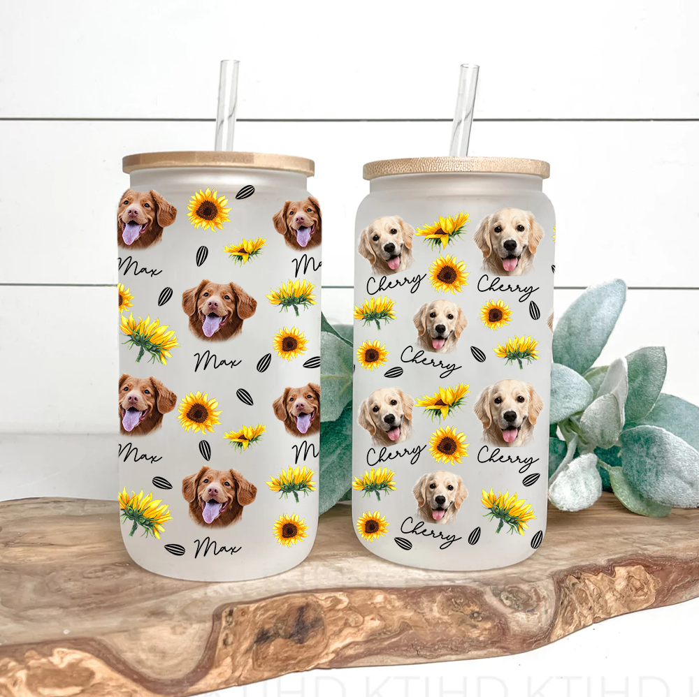 Custom Sunflower Upload Face Dog Cat Glass Bottle/Frosted Bottle With Lid & Straw, Pet Lover Gift AF