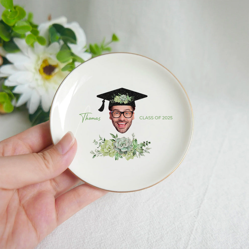 Custom Grad Photo Floral Graduation Round Jewelry Ring Dish, Jewelry Tray, Graduation Gift For Her