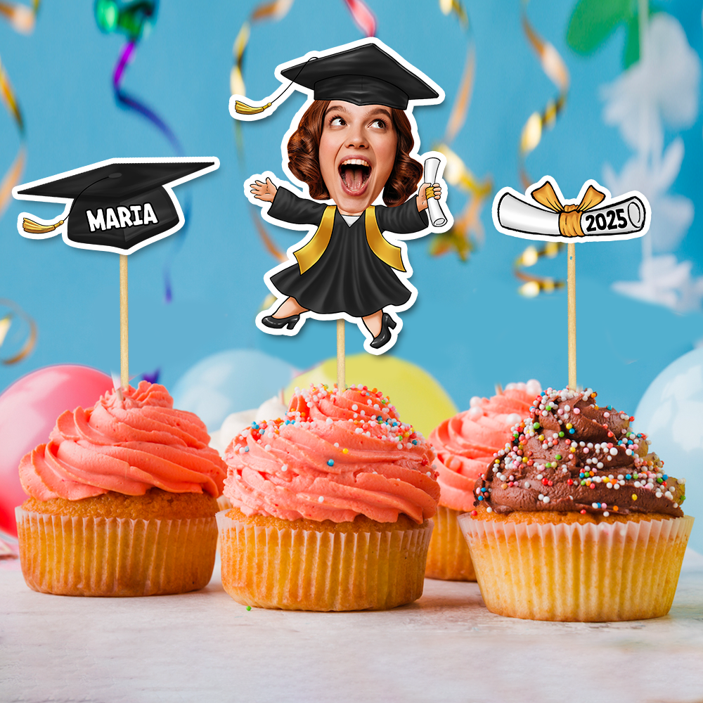 Custom Set Of 3 Designs Face Cupcake Toppers, Graduation Party Decorations FC