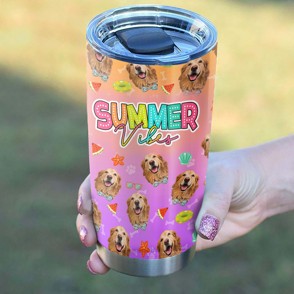 Summer Vibe Dog Mom Face Photo Tumbler, Best Gift for Pet Lovers FC