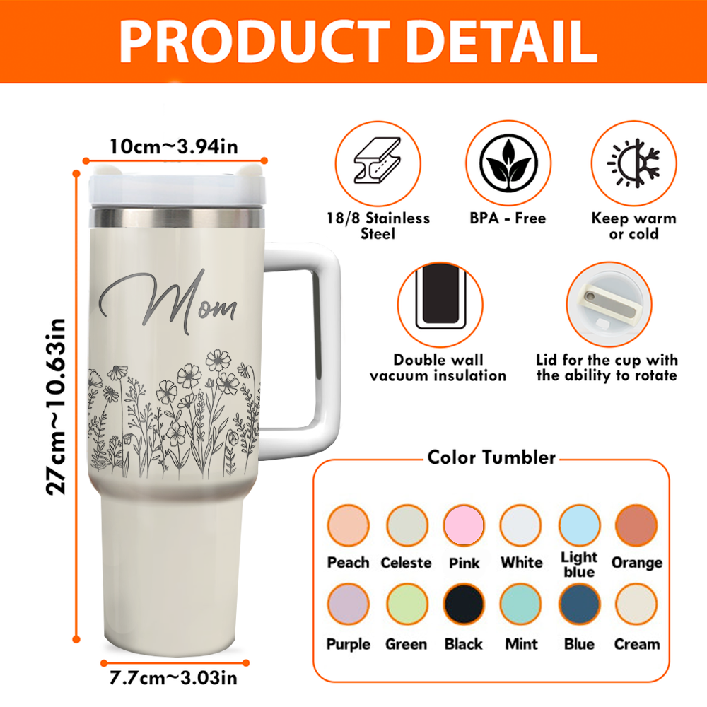 Personalized Insulated Engraved 40oz Tumbler - Mother's Day Gift - Floral Butterflies Mom And Kids YC