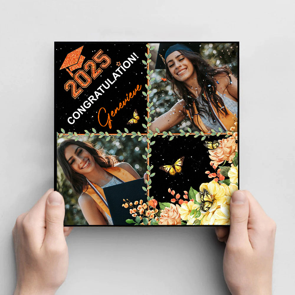 Personalized 2 Photos Floral Class Of 2025 Photo Graduation Cap Topper, Graduation Keepsake Gift FC