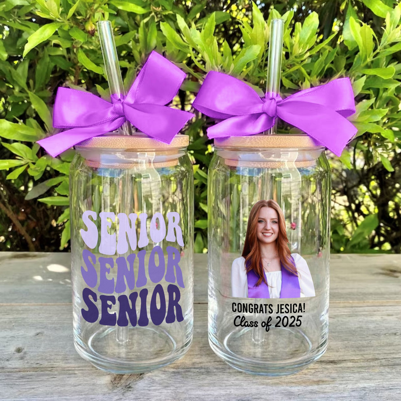 Custom Photo Glass Bottle/Frosted Bottle With Lid & Straw - Graduation Gift - Class Of 2025 Senior Retro Gift FC