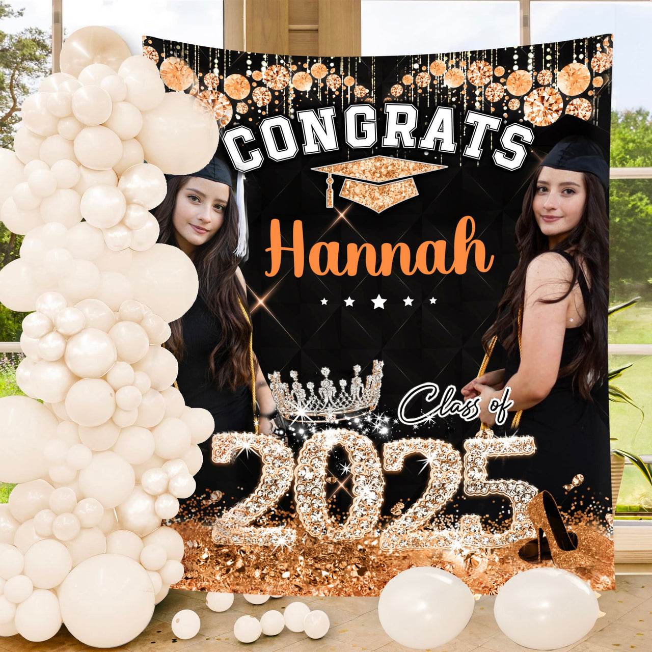 Personalized Diamond Glitter Queen Class Of 2025 Backdrop, Graduation Party Supply FC