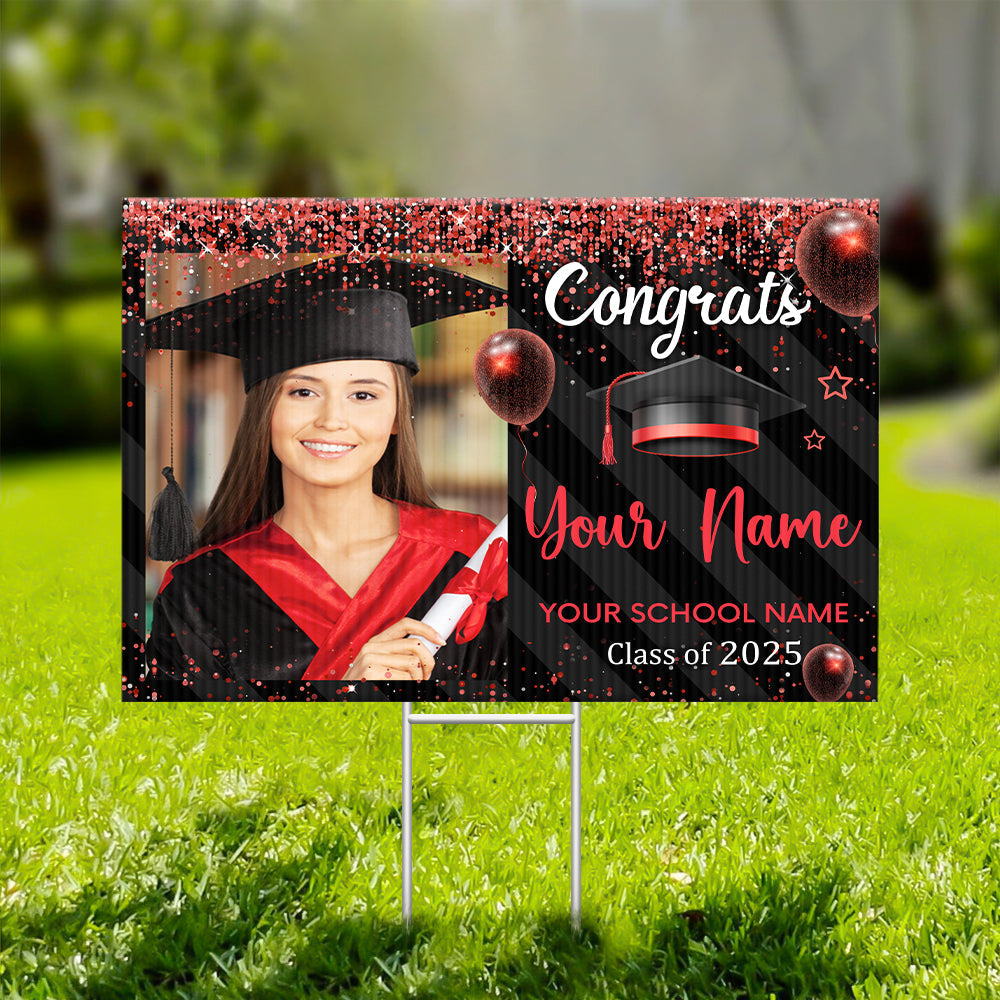 Custom Photo Congratulations Black & Gold Graduation Lawn Sign, Graduation Decorations FC