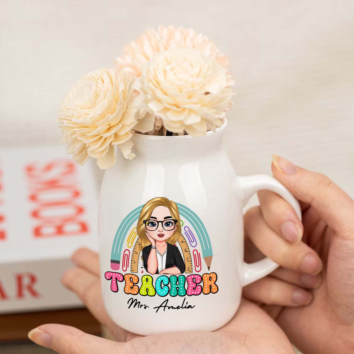 Personalized Teacher Rainbow Ceramic Flower Vase, Appreciation Gift For Teachers FC