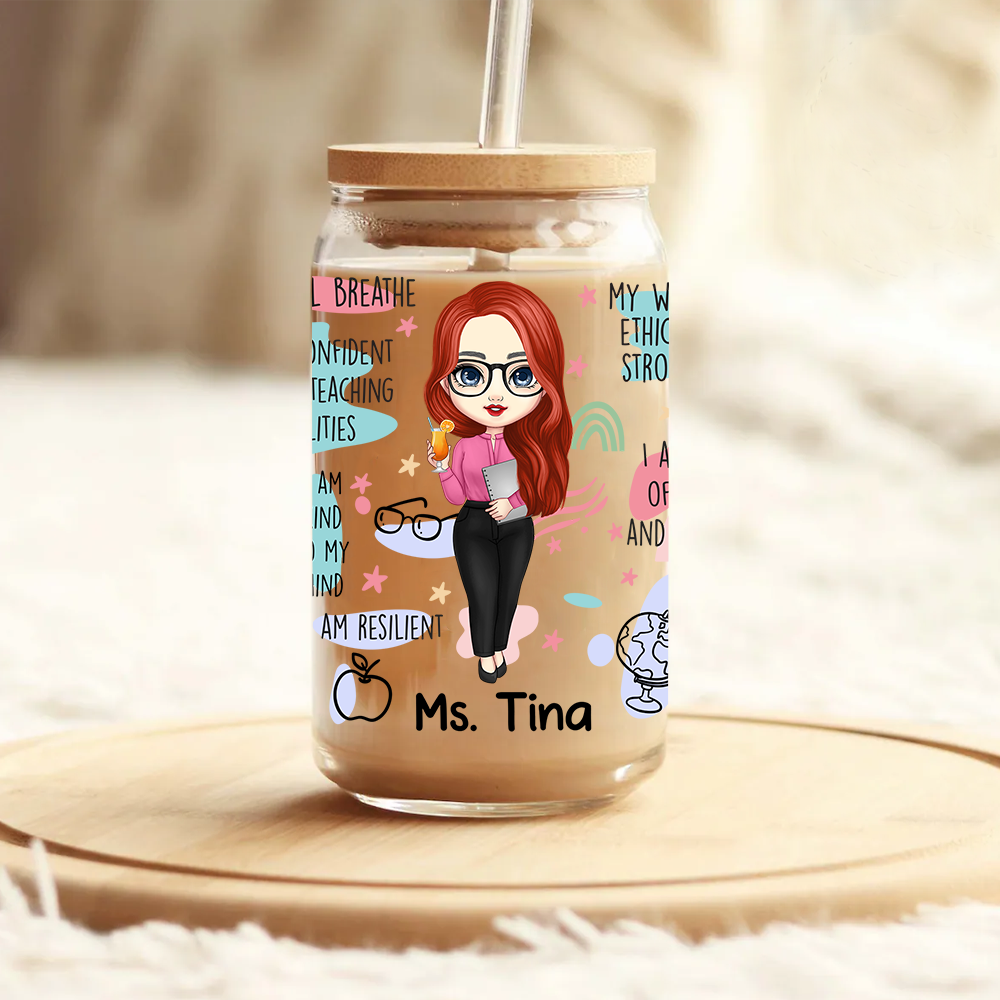 Personalized Teacher Daily Affirmation Glass Bottle/Frosted Bottle With Lid & Straw, Teacher Gift AF