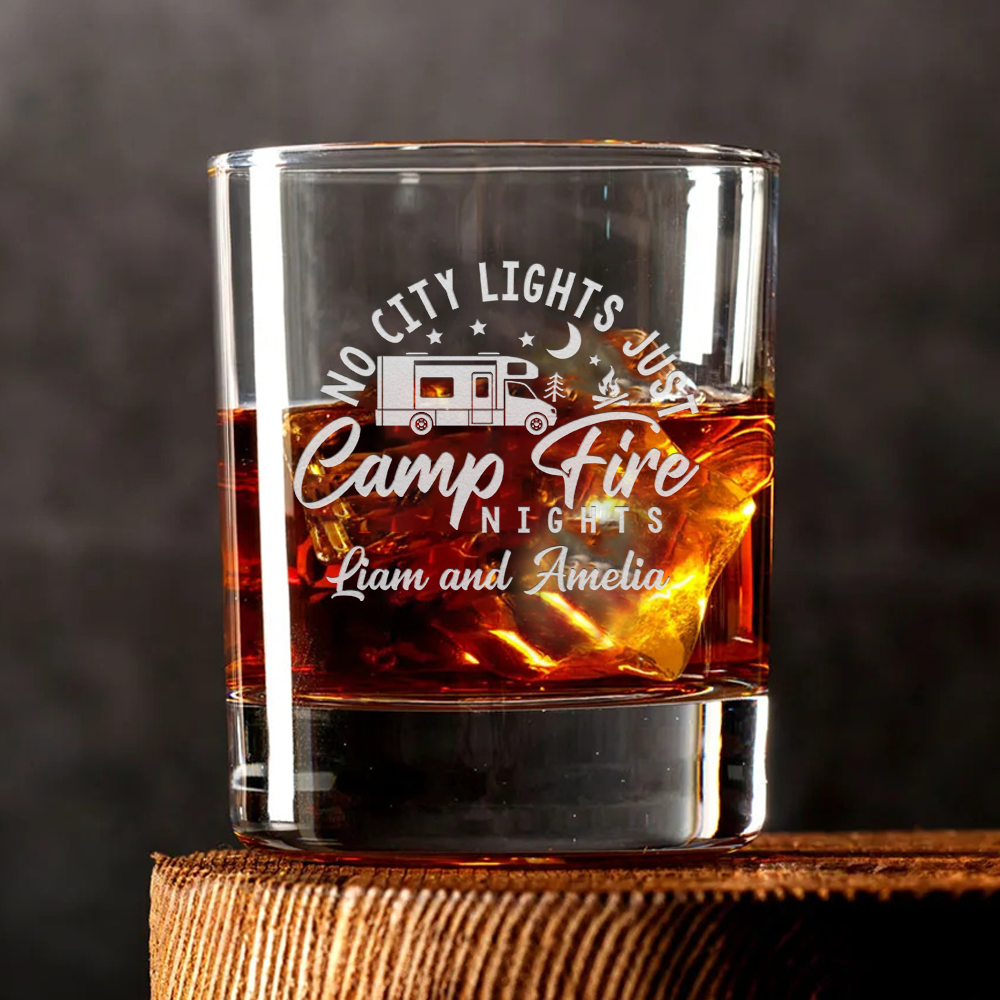 Personalized RV No City Lights, Just Campfire Nights Whiskey Glasses - Gifts For Camping Lovers Kola