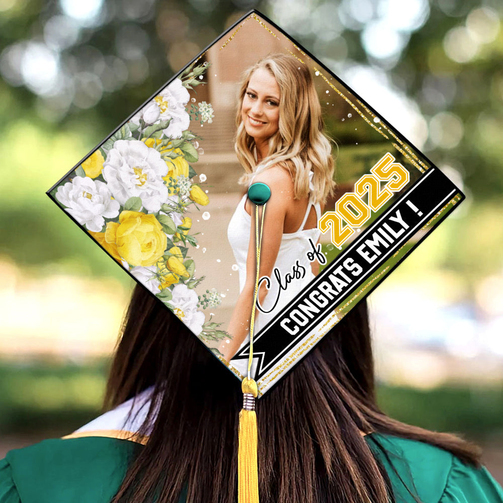 Personalized Proud Photo Floral Class Of 2025 Graduation Cap Topper, Graduation Keepsake Gift FC