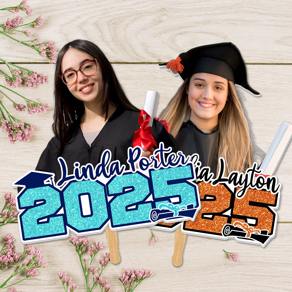 Custom Glitter 2025 Photo Graduation Face Fans With Wooden Handle, Gift For Graduation Party