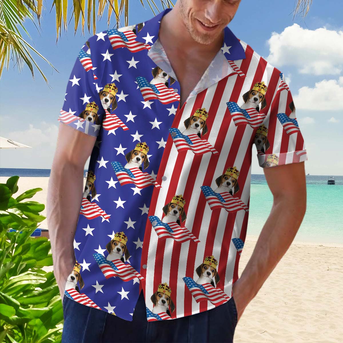 Personalized American Flag Face Photo Hawaiian Shirt, Summer Gift For Dog Cat Lovers FC