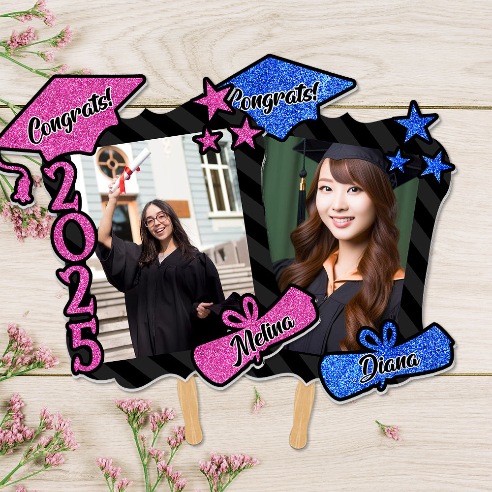 Custom Congrats 2025 With Name Photo Graduation Face Fans With Wooden Handle, Gift For Graduation Party