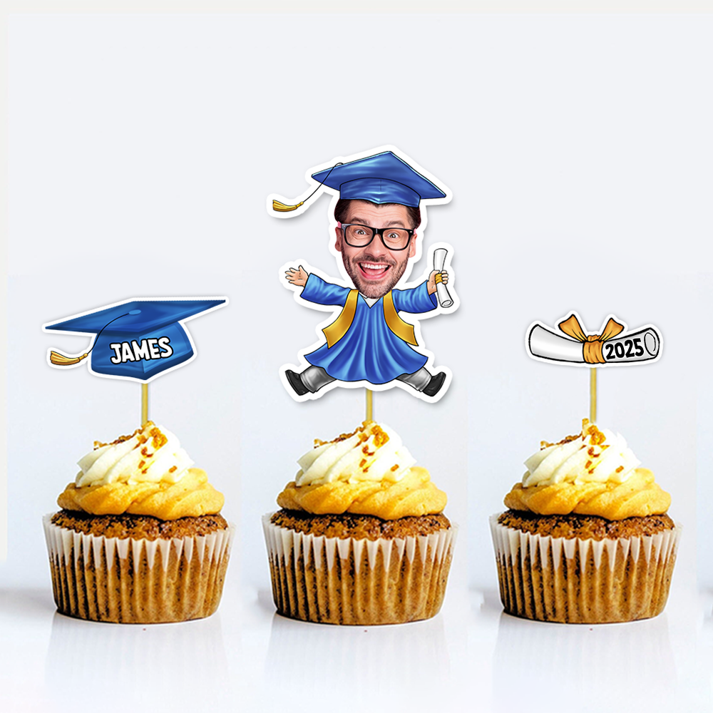 Custom Set Of 3 Designs Face Cupcake Toppers, Graduation Party Decorations FC