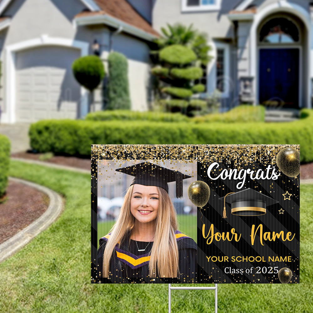 Custom Photo Congratulations Black & Gold Graduation Lawn Sign, Graduation Decorations FC