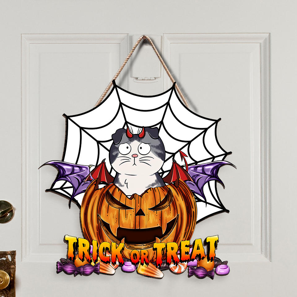 Personalized Shaped Door Sign - Halloween Decor Gift For Cat Lovers - Trick Or Treat Demon Pumpkin AE