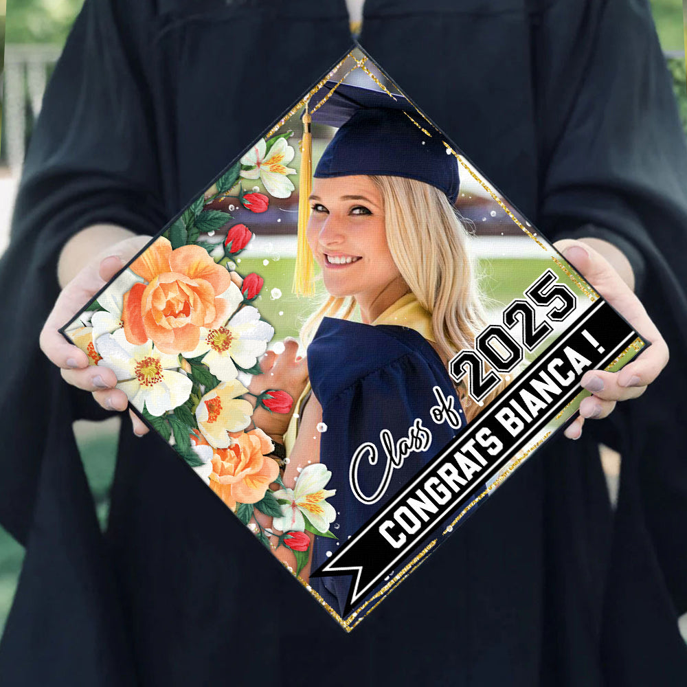 Personalized Proud Photo Floral Class Of 2025 Graduation Cap Topper, Graduation Keepsake Gift FC