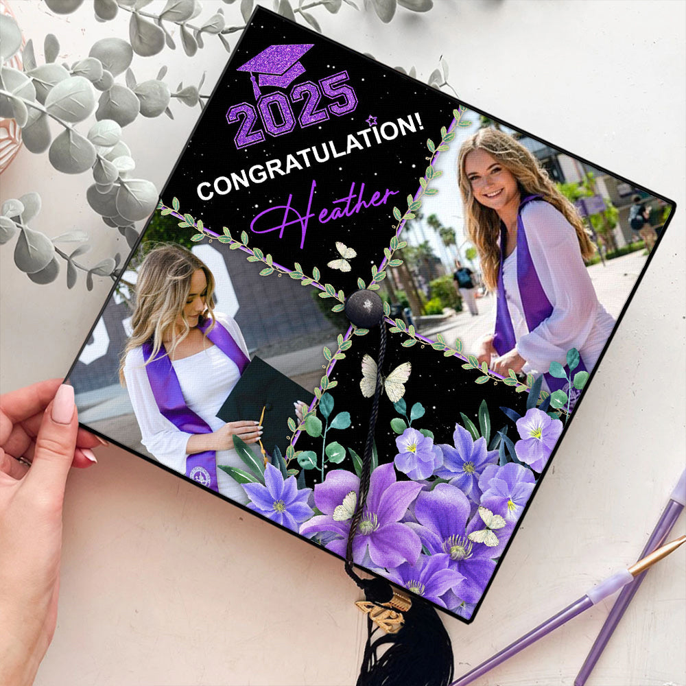 Personalized 2 Photos Floral Class Of 2025 Photo Graduation Cap Topper, Graduation Keepsake Gift FC